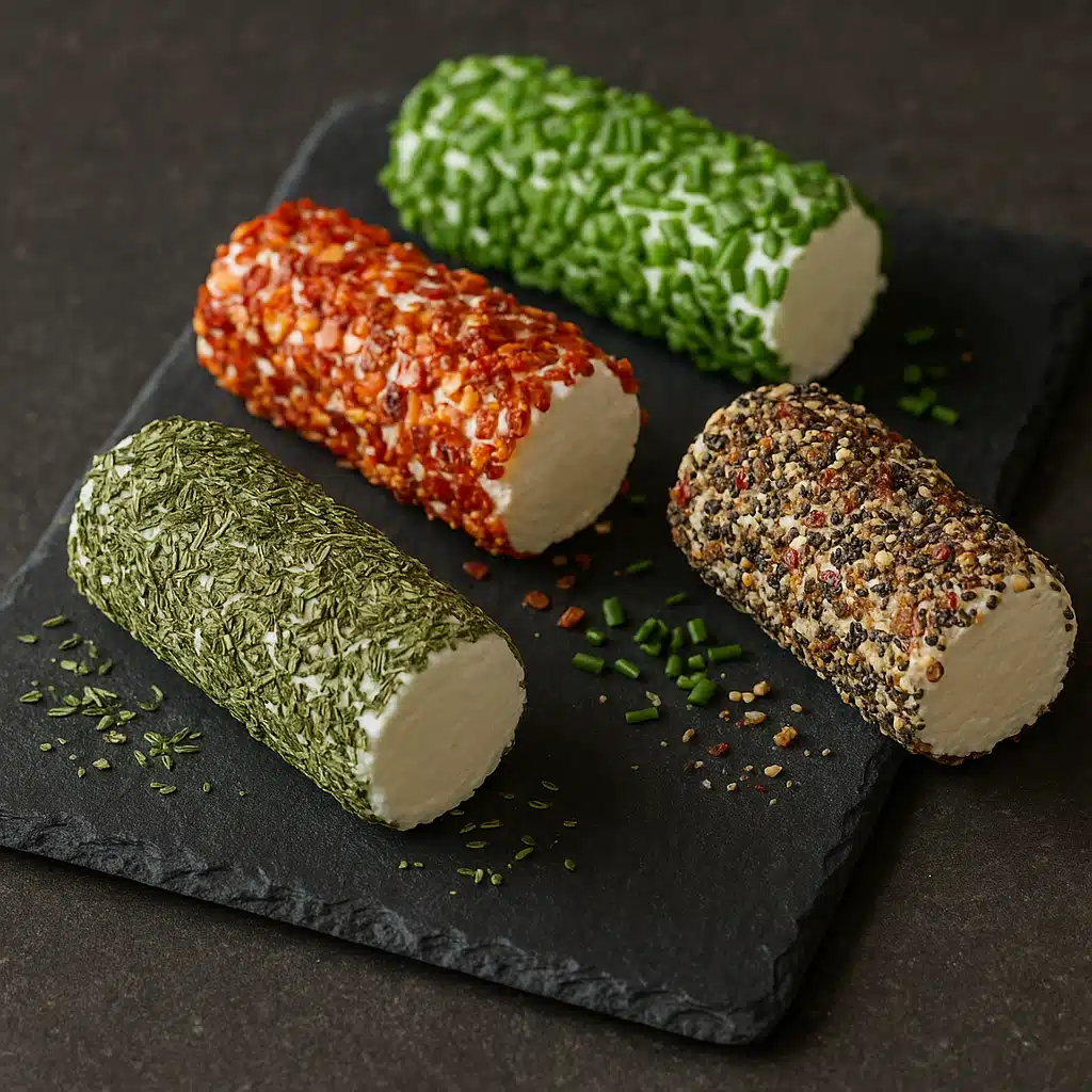 Artisan goat cheese rolled in herbs and spices, various flavored chèvre logs on slate serving board, gourmet presentation