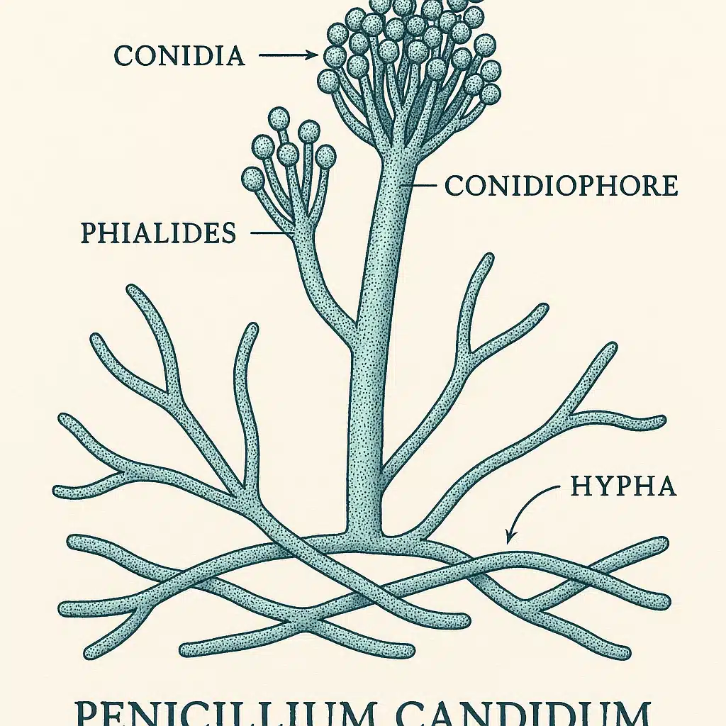 Microscopic view illustration of Penicillium candidum mold structure, scientific yet accessible visualization, educational diagram style with clean background