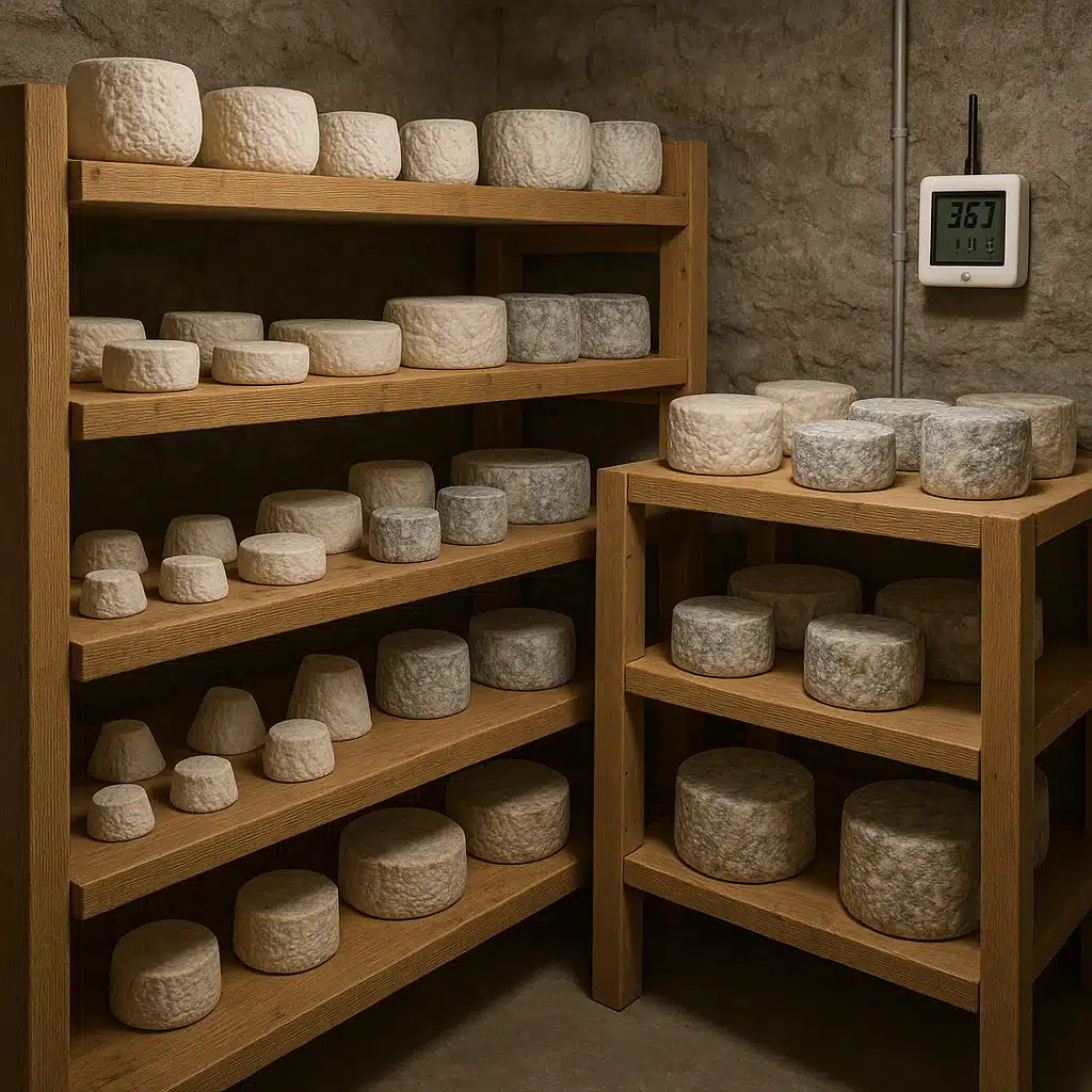 Temperature-controlled cheese aging cave with wooden shelves displaying various goat cheeses at different aging stages, professional cheese making facility with humidity monitoring equipment visible