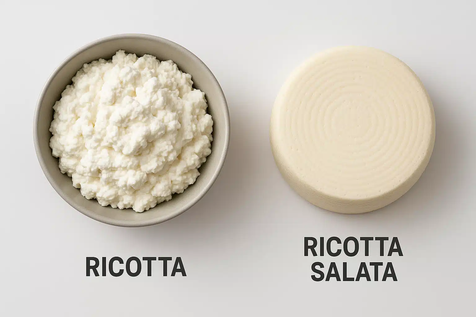 Side-by-side comparison of fresh soft ricotta in a bowl next to aged firm ricotta salata wheel, showing texture difference, clean white background, educational food photography