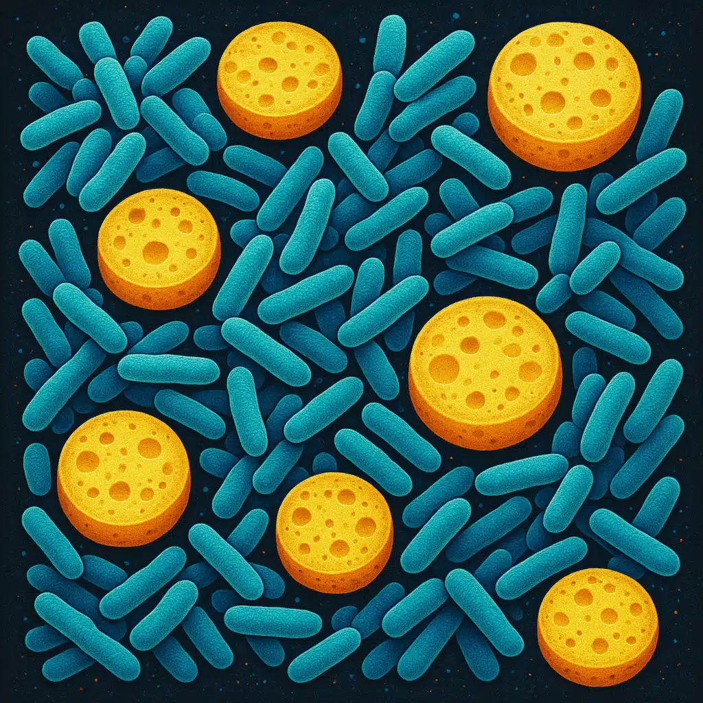 Microscopic illustration showing beneficial bacteria colonies in a cheese culture, scientific visualization with vibrant colors against a dark background, educational style