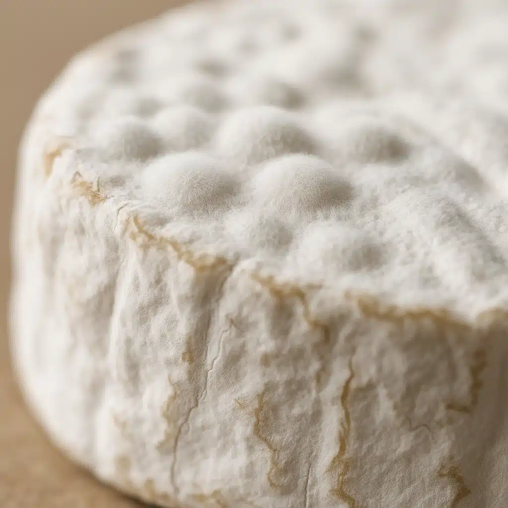 Close-up macro photograph of white-bloomed cheese rind showing detailed texture and characteristic mold growth, scientific yet appetizing presentation, soft focus background
