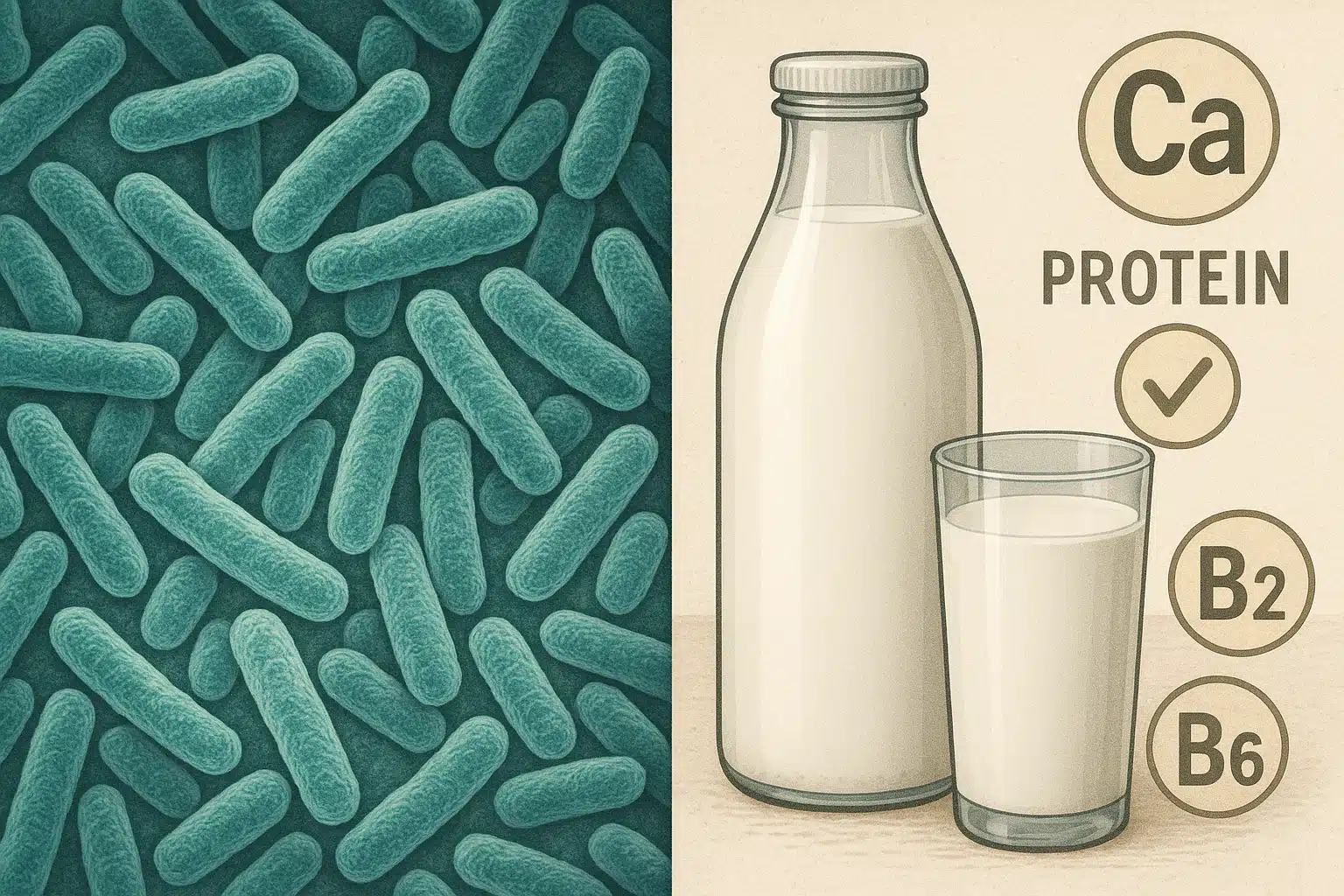 Split-screen comparison showing microscopic view of bacteria on one side and fresh milk with nutritional icons on the other, educational scientific illustration style