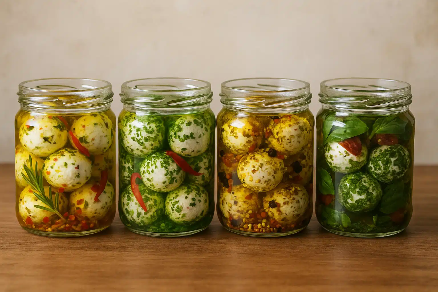 Four different glass jars of marinated goat cheese balls with varied herbs and ingredients, side by side comparison showing different marinade styles, colorful and diverse food presentation