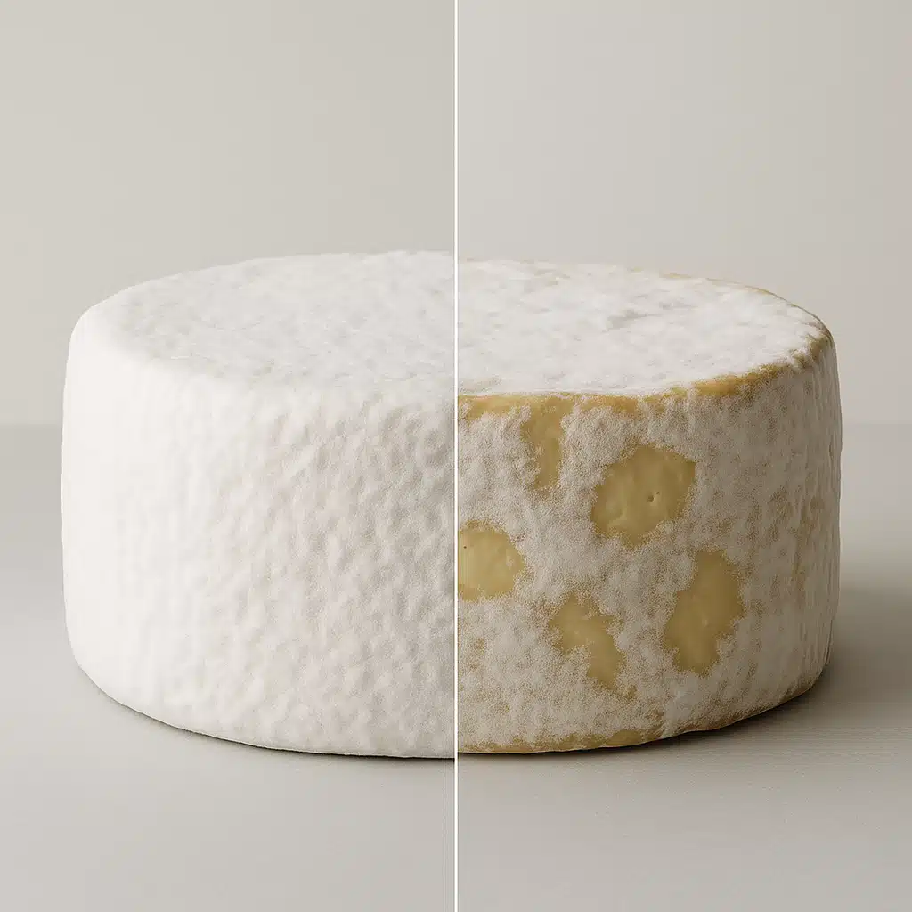 Split comparison image showing healthy white mold covered cheese wheel on left versus cheese with bare patches on right, educational comparison, professional food photography lighting