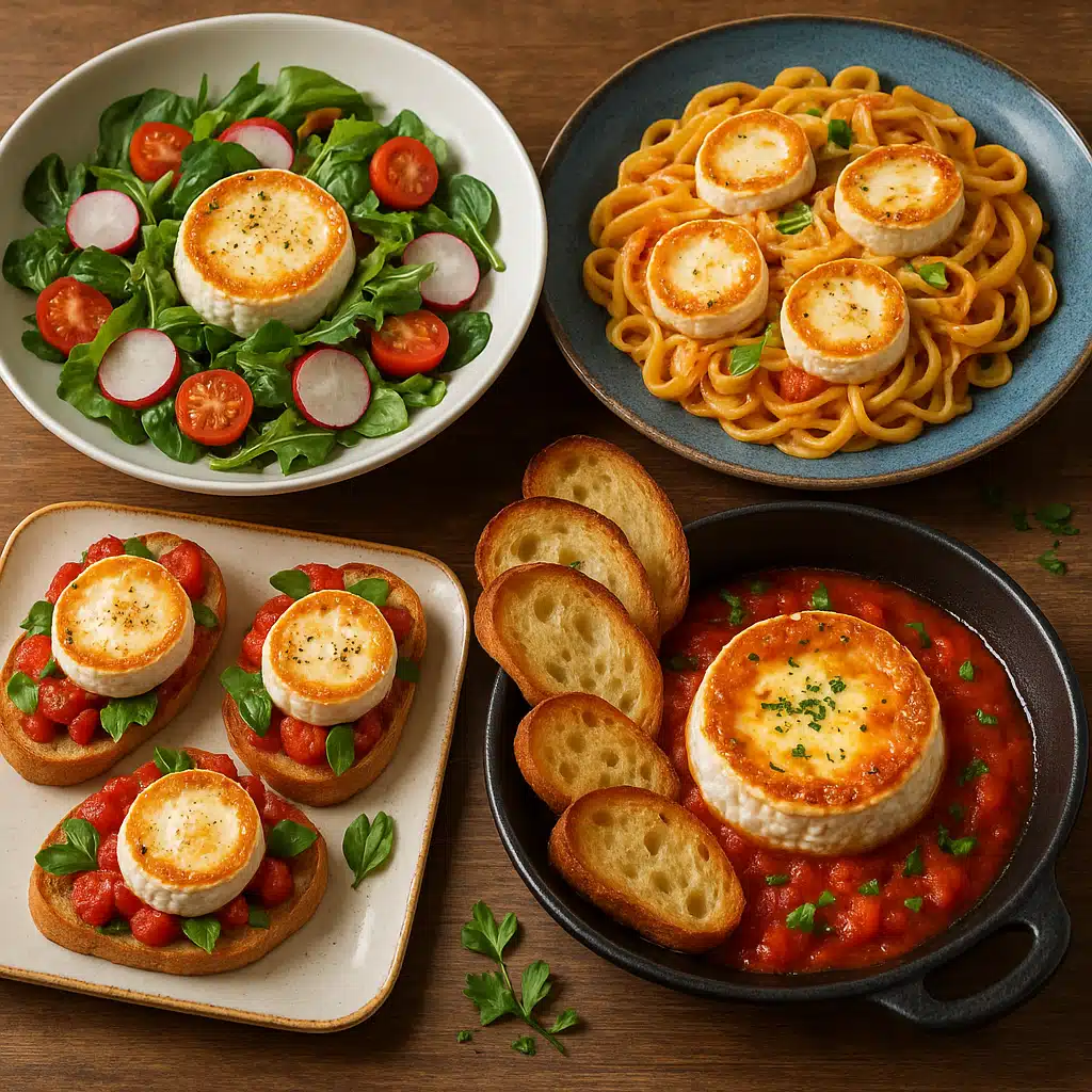 Variety of dishes featuring goat cheese including salad, bruschetta, and pasta, colorful and appetizing food photography, restaurant quality presentation