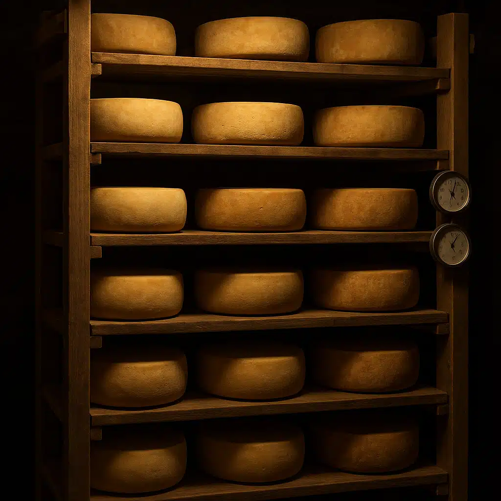 Wooden shelving unit with multiple wheels of aging cheese at various stages of maturation, temperature and humidity gauges visible, dim atmospheric lighting, professional aging cave aesthetic