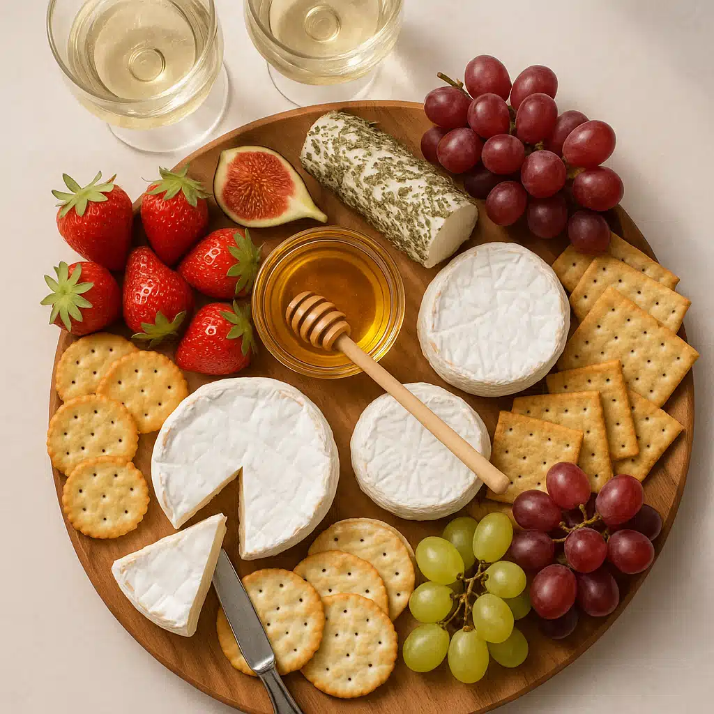Beautifully arranged gourmet cheese board with soft white cheeses, fresh fruits, crackers, honey, and wine glasses, overhead view, natural lighting, elegant entertaining setup suitable for any culture