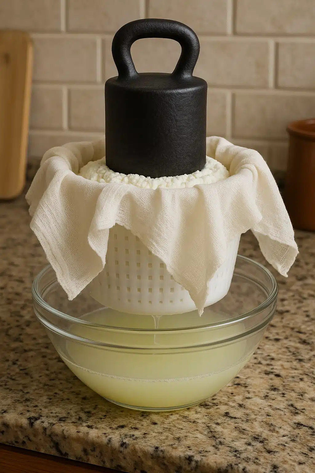 Fresh ricotta cheese being pressed in cheesecloth-lined mold with weight on top, whey draining into bowl below, kitchen counter setting, instructional food preparation style