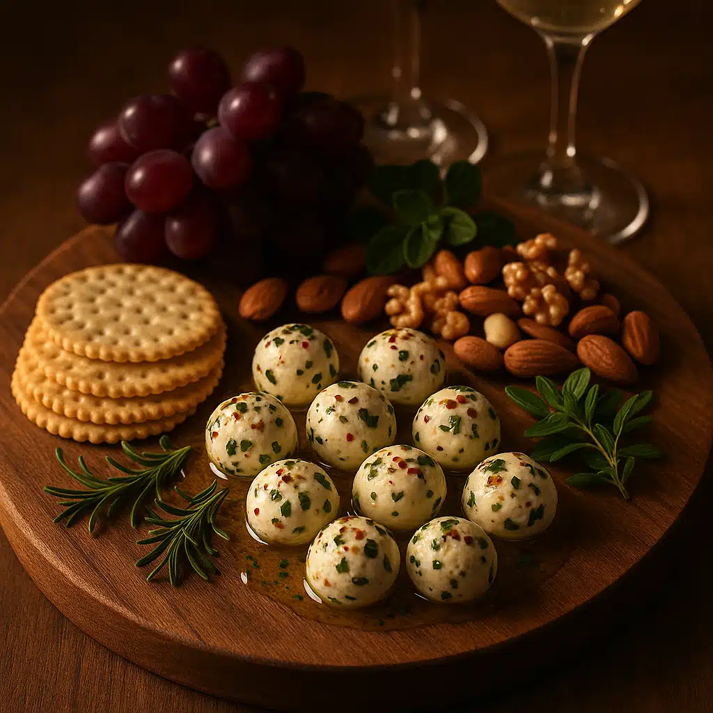 Elegant cheese board featuring marinated goat cheese balls with crackers, fresh grapes, nuts, and herbs, sophisticated entertaining setup with wine glasses in background, warm ambient lighting