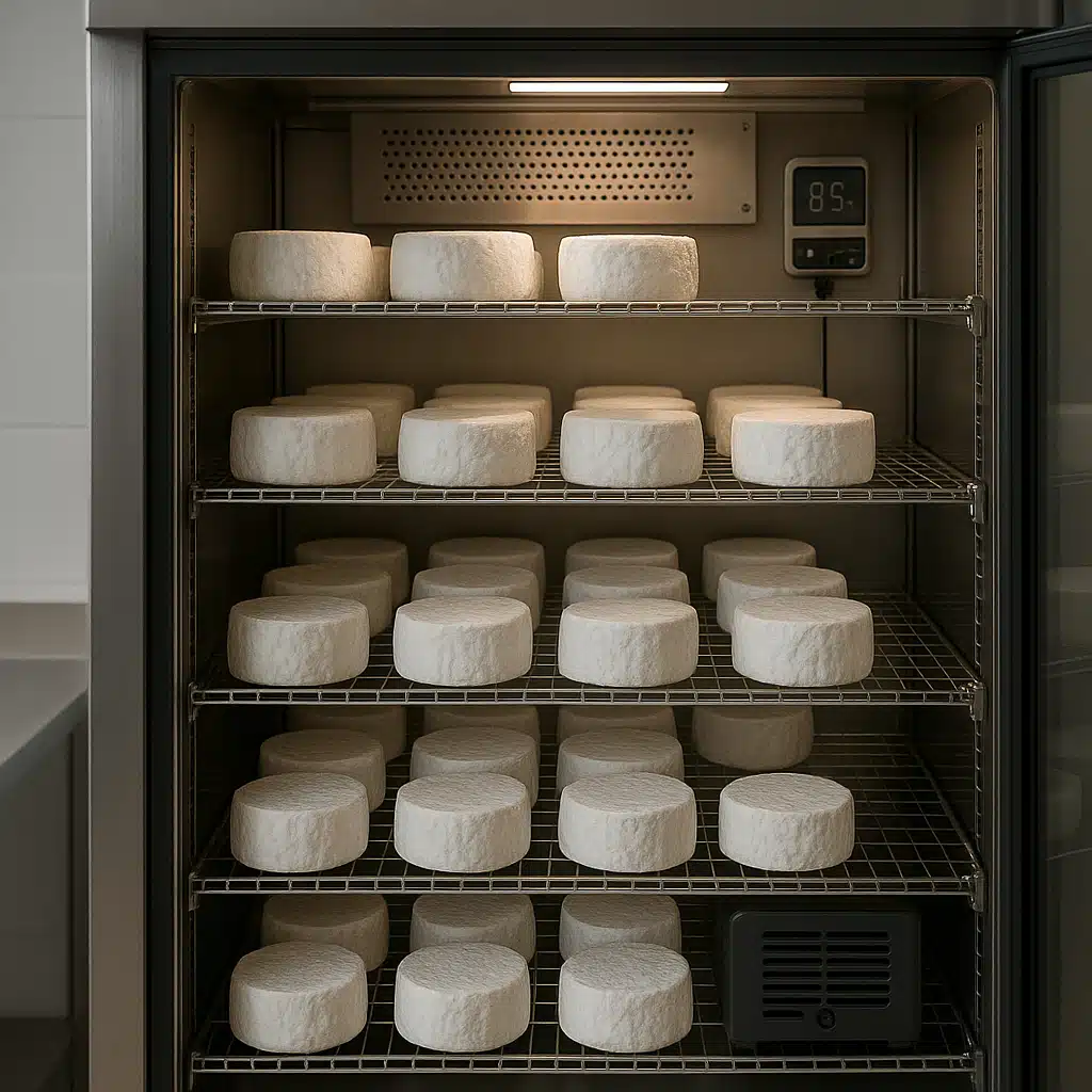 Modern cheese aging refrigerator or cave setup with multiple shelves holding white rind cheeses, humidity control equipment visible, clean professional environment, ambient lighting