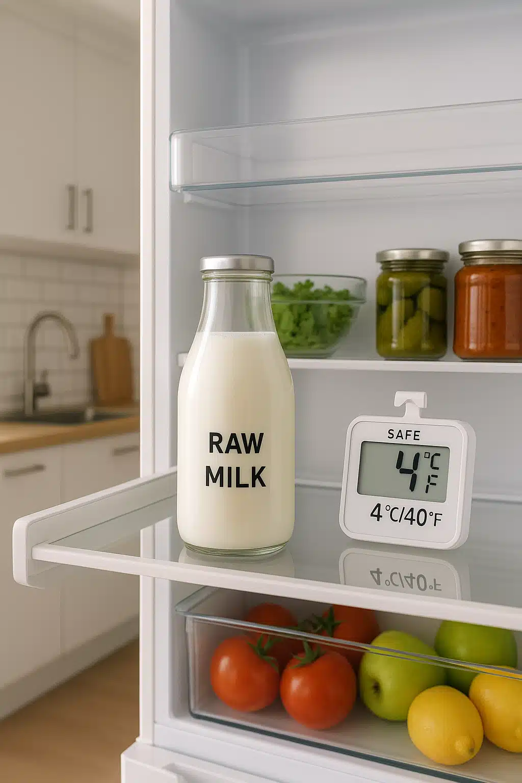 Modern kitchen scene with raw milk in glass bottle inside refrigerator, thermometer showing proper temperature, clean and organized storage with safety emphasis