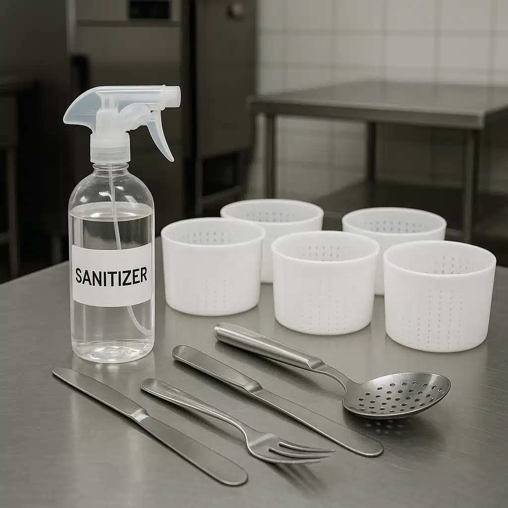 Clear spray bottle containing sanitizing solution next to freshly cleaned cheese molds and utensils on a stainless steel counter, professional kitchen environment, clean and organized