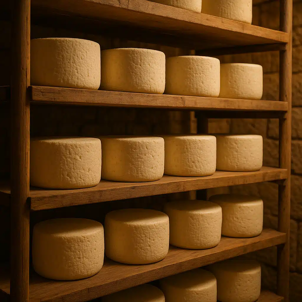 Multiple wheels of ricotta salata aging on wooden shelves in climate-controlled cheese cave environment, professional cheesemaking setting, warm ambient lighting