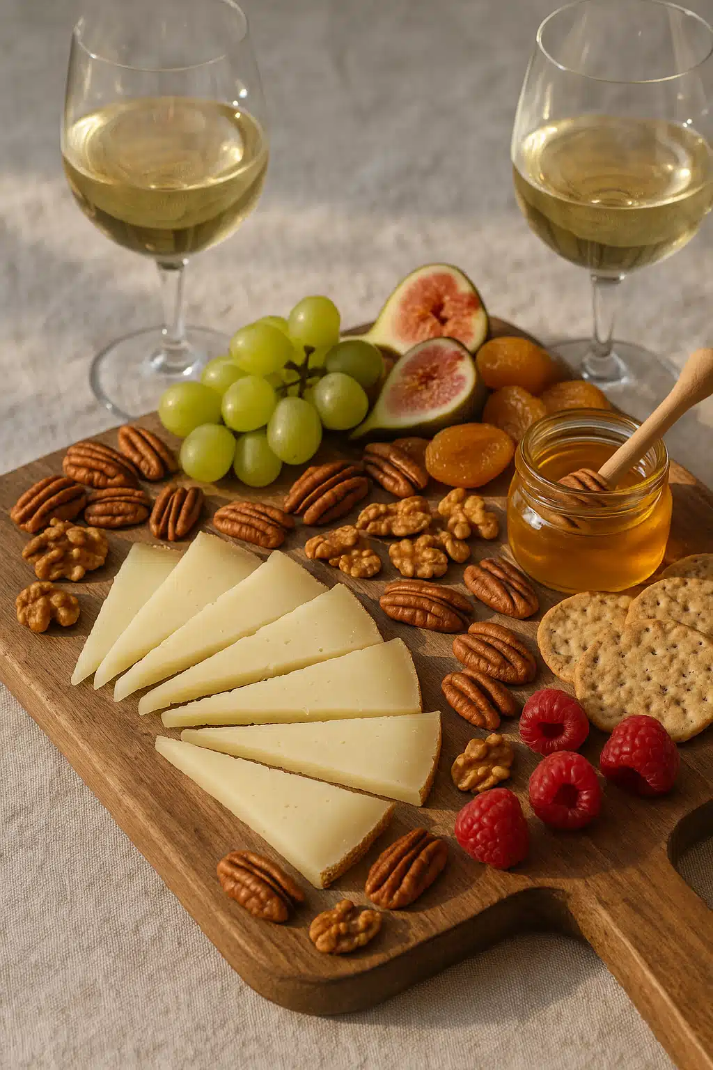 Elegant cheese board arrangement featuring sliced aged sheep milk cheese, fresh and dried fruits, nuts, honey pot, crackers and bread, arranged on rustic wooden board with wine glasses, natural daylight, inviting presentation