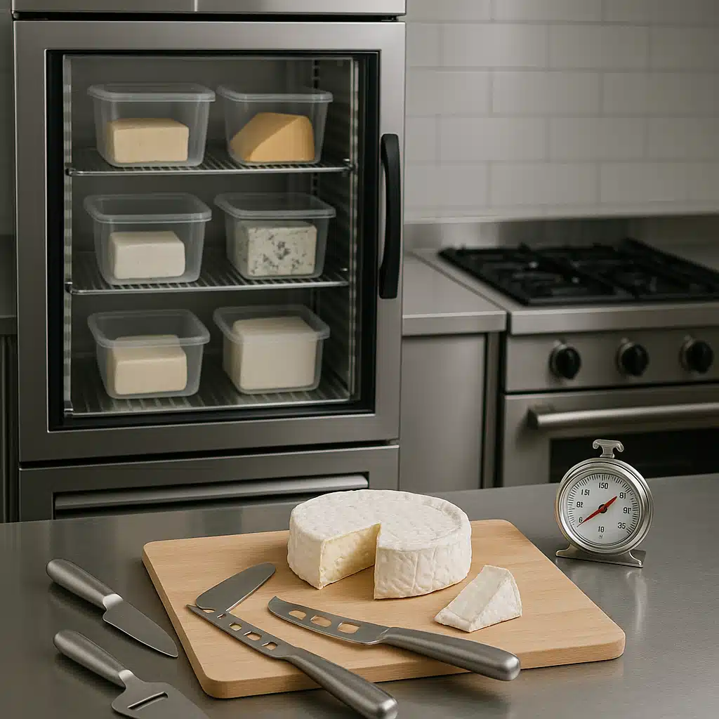 Professional kitchen setup showing proper cheese storage and serving preparation, soft cheese on cutting board with appropriate knives, temperature gauge visible, clean modern aesthetic