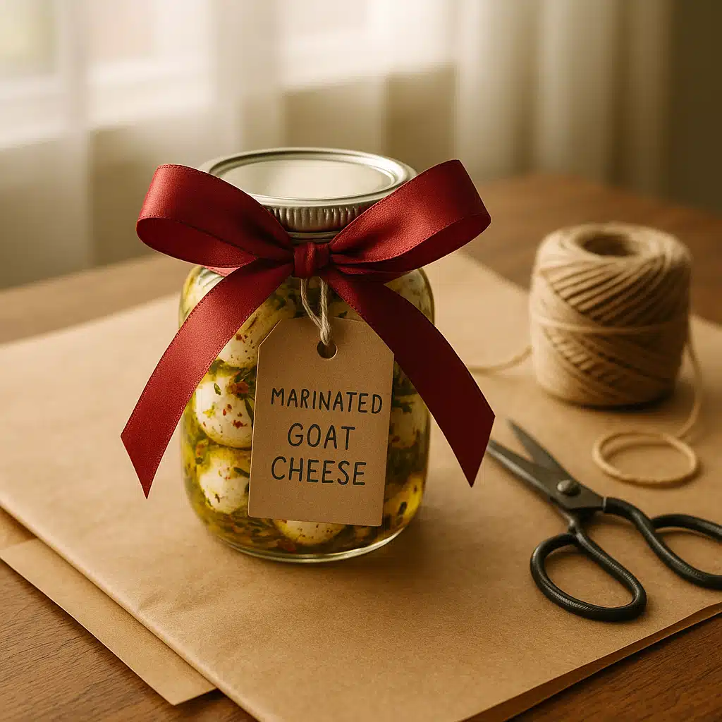 Beautifully wrapped jar of marinated goat cheese balls with ribbon and gift tag, positioned on wrapping paper with scissors and twine, gift preparation scene with soft window lighting