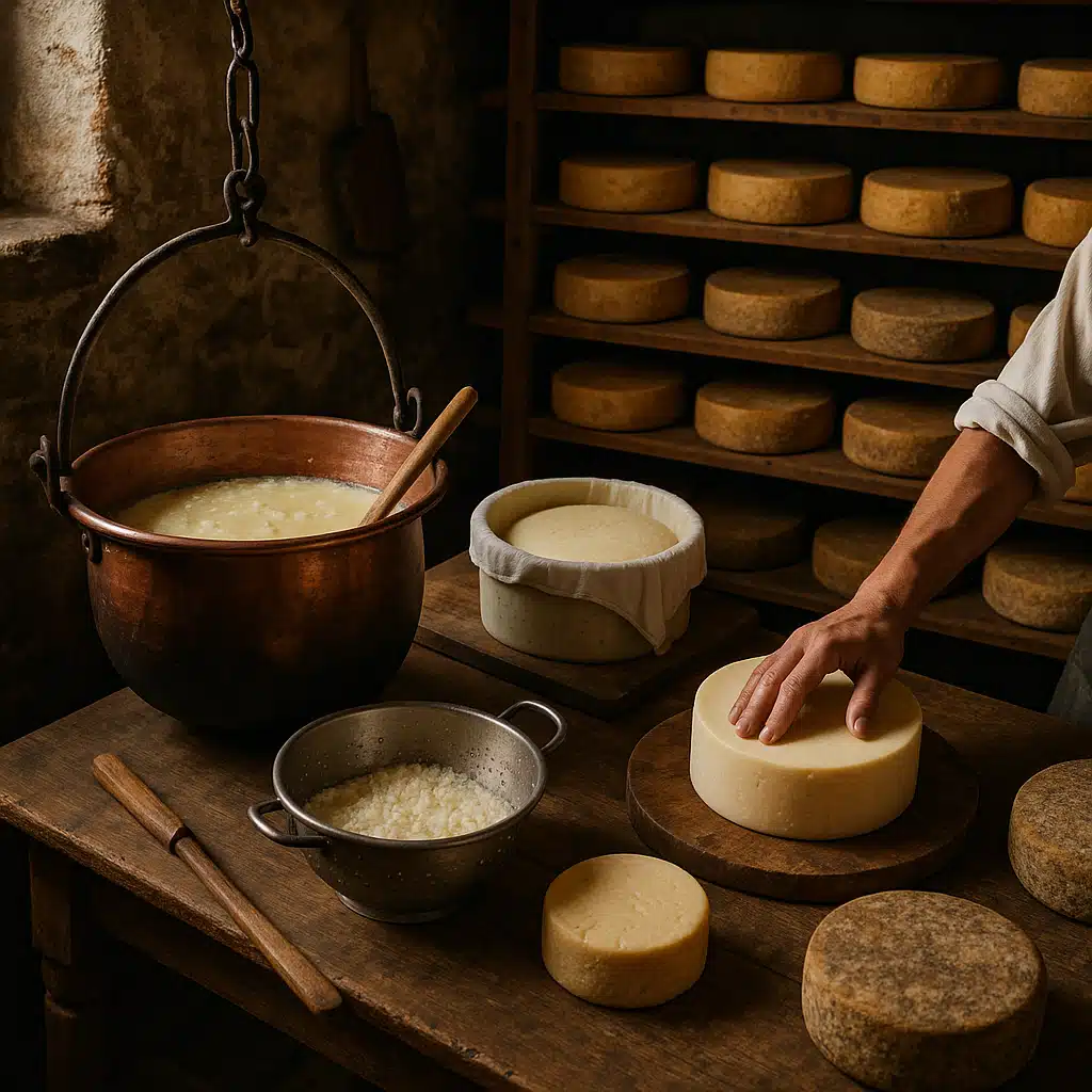 Artisanal cheese-making scene with various stages of raw milk cheese production, traditional tools and aging wheels, rustic European-style cheese cellar atmosphere