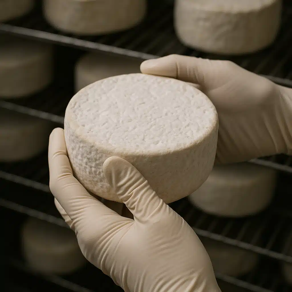 Hands in food-safe gloves carefully turning and inspecting a white rind cheese wheel during aging process, professional cheesemaking technique, detailed close-up, educational perspective