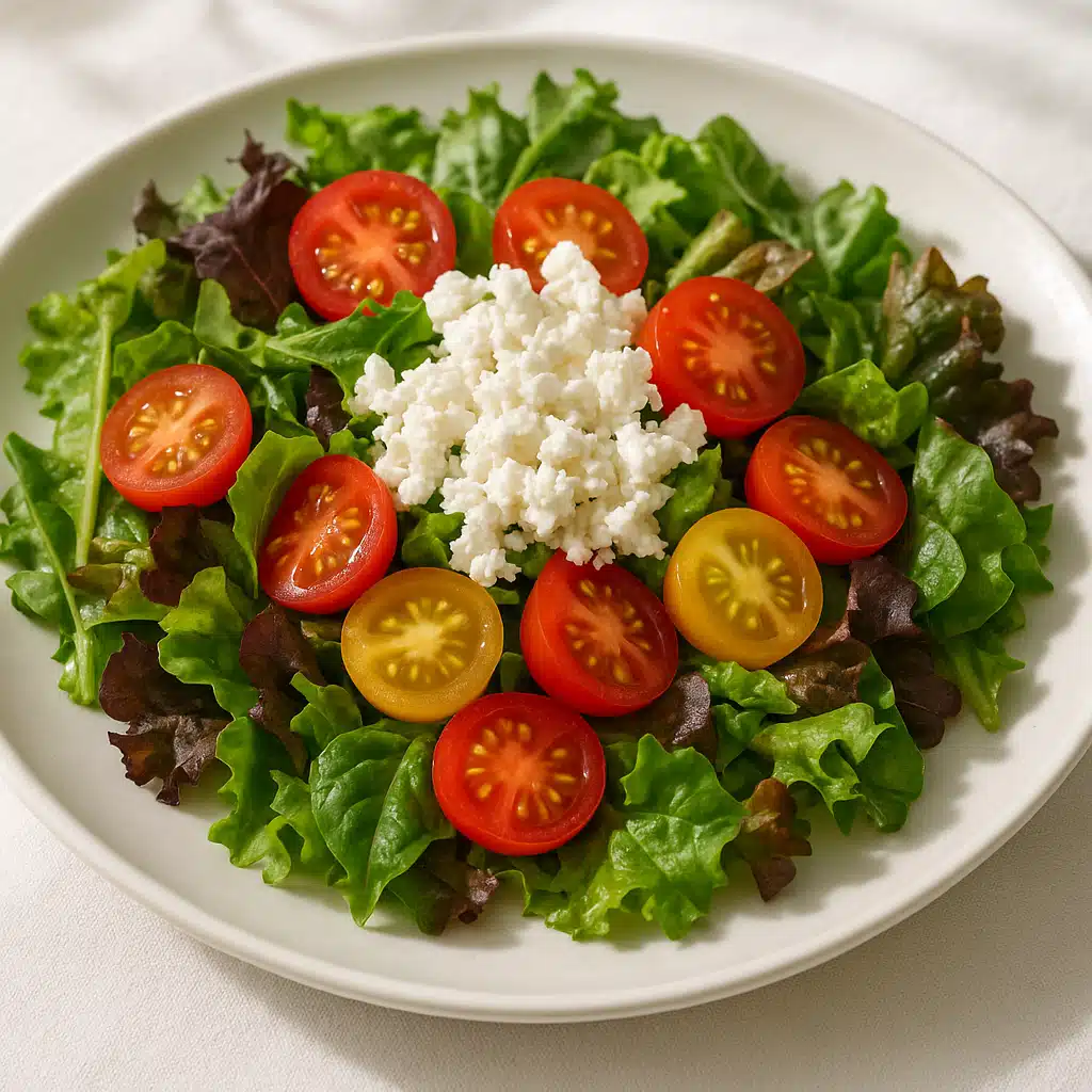 Colorful Mediterranean-style salad with mixed greens, cherry tomatoes, and crumbled white ricotta salata cheese on top, served on white plate, bright natural lighting, appetizing food styling