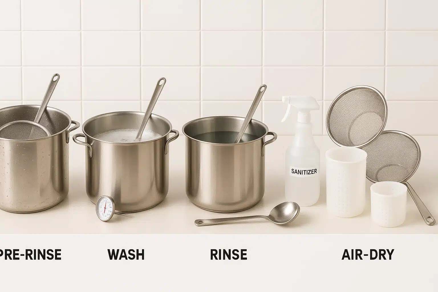 Step-by-step layout showing cheesemaking equipment at different stages of cleaning and sanitizing process, arranged sequentially on a clean counter, instructional photography style