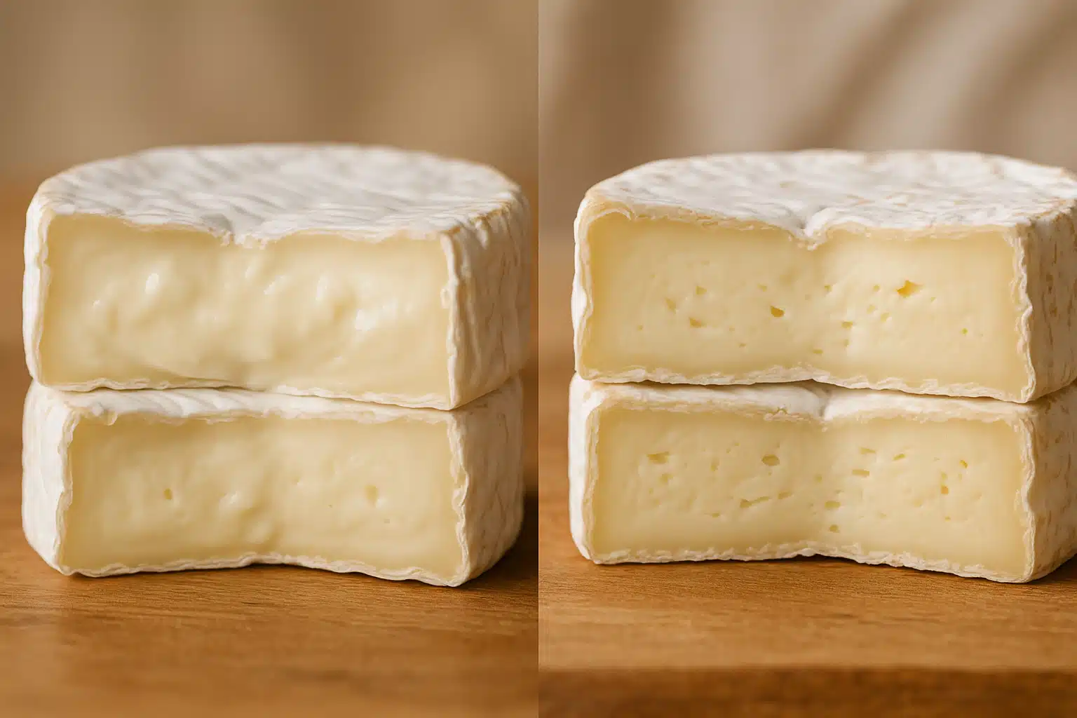 Side-by-side comparison of cut soft cheese wheels showing interior texture differences, professional food photography with natural lighting, educational presentation highlighting creamy interiors and characteristic rinds