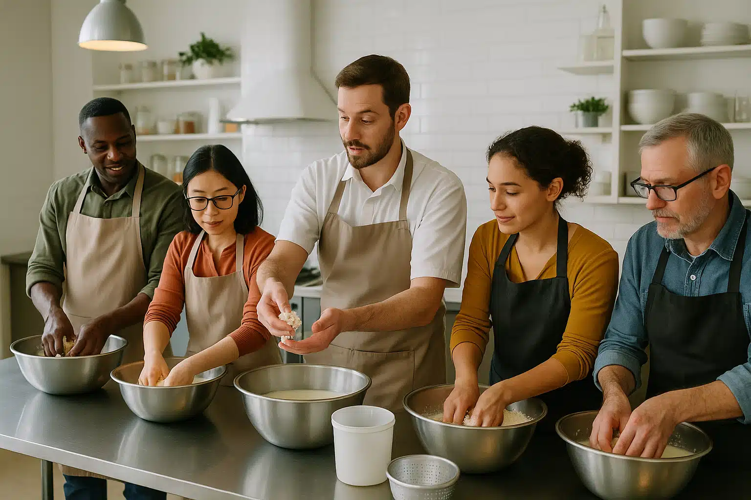 Diverse group of people in aprons participating in hands-on cheese making workshop, working with curds at stainless steel tables, instructor demonstrating technique, bright educational kitchen setting, collaborative atmosphere