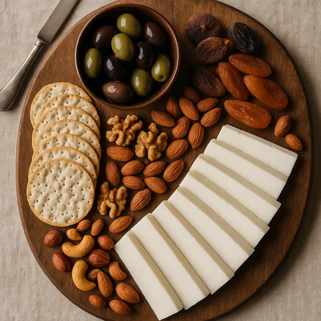 Elegant cheese board featuring sliced ricotta salata alongside olives, dried fruits, nuts, and crackers, rustic wooden board, overhead view, sophisticated entertaining style