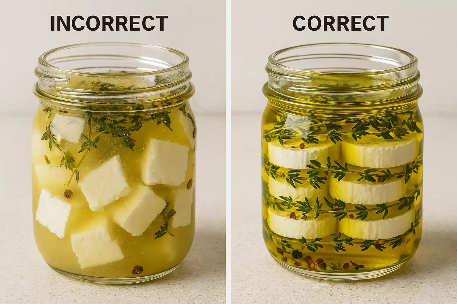 Split comparison image showing incorrect versus correct marinated goat cheese preparation, educational food photography highlighting common mistakes and proper techniques