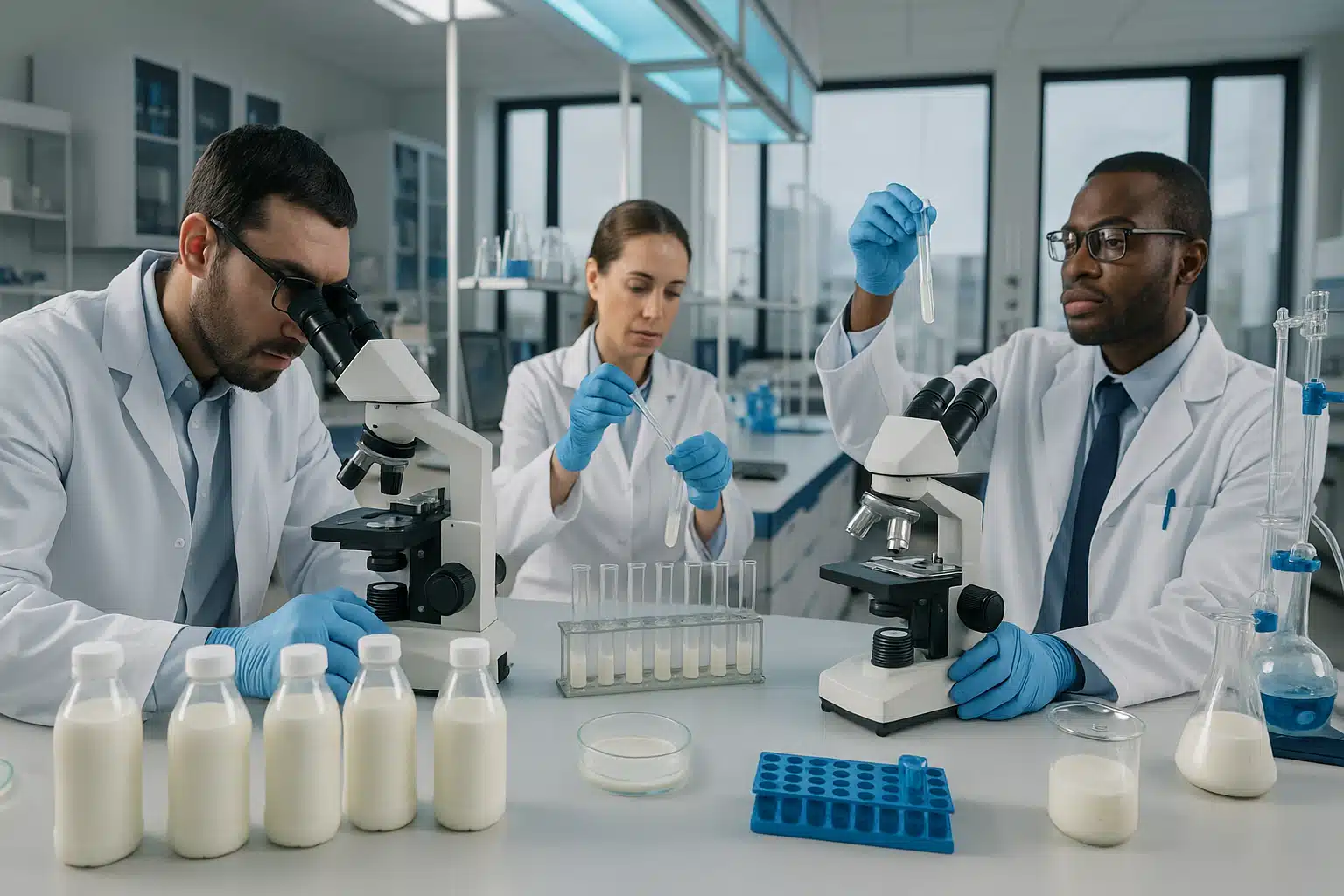 Scientific research laboratory with milk samples being tested, microscopes and testing equipment, researchers in lab coats conducting dairy safety analysis, professional medical research environment