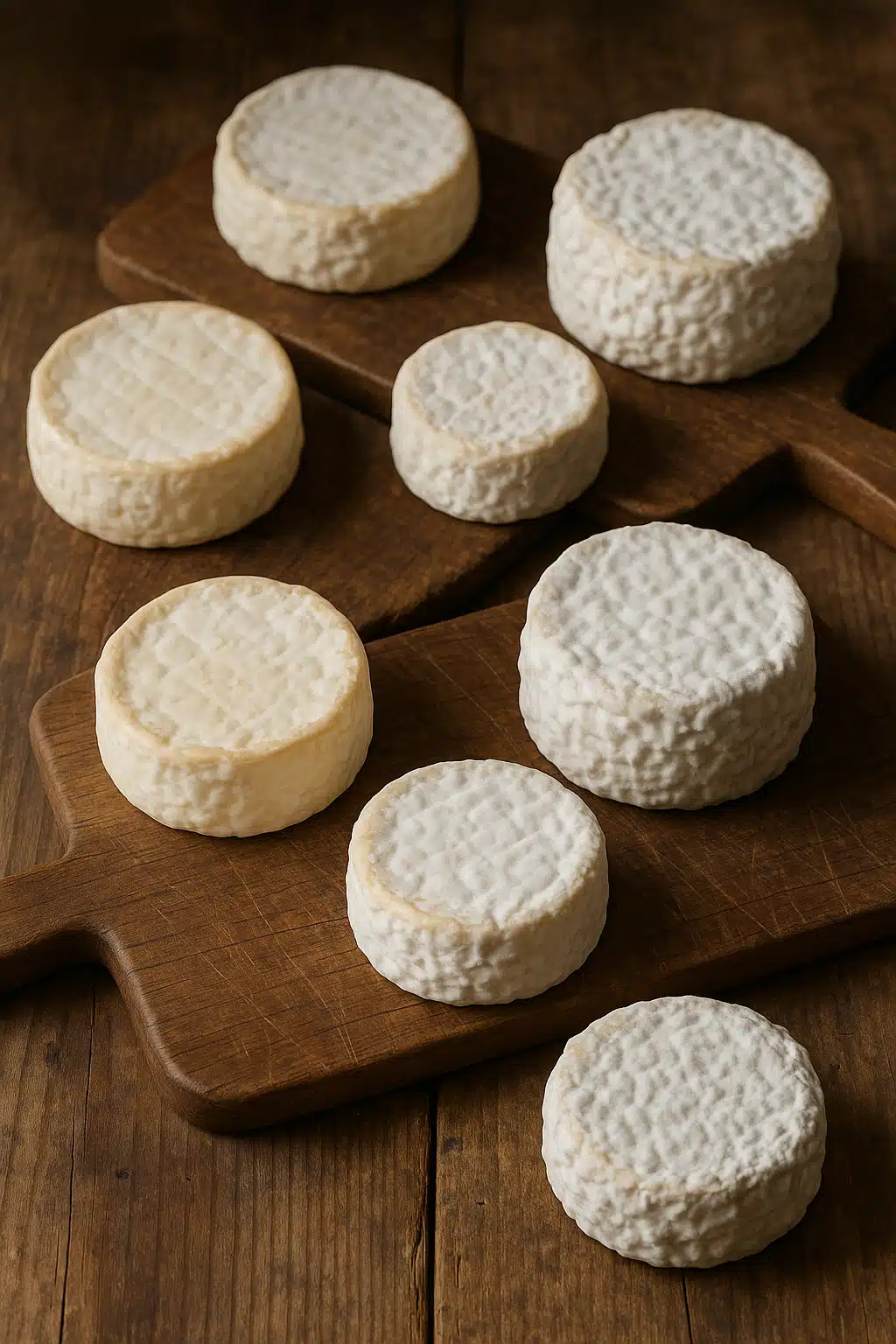 Collection of perfectly aged soft white cheeses at various stages of ripening, showing progression of white mold development, arranged on rustic wooden boards, natural lighting, artisanal aesthetic