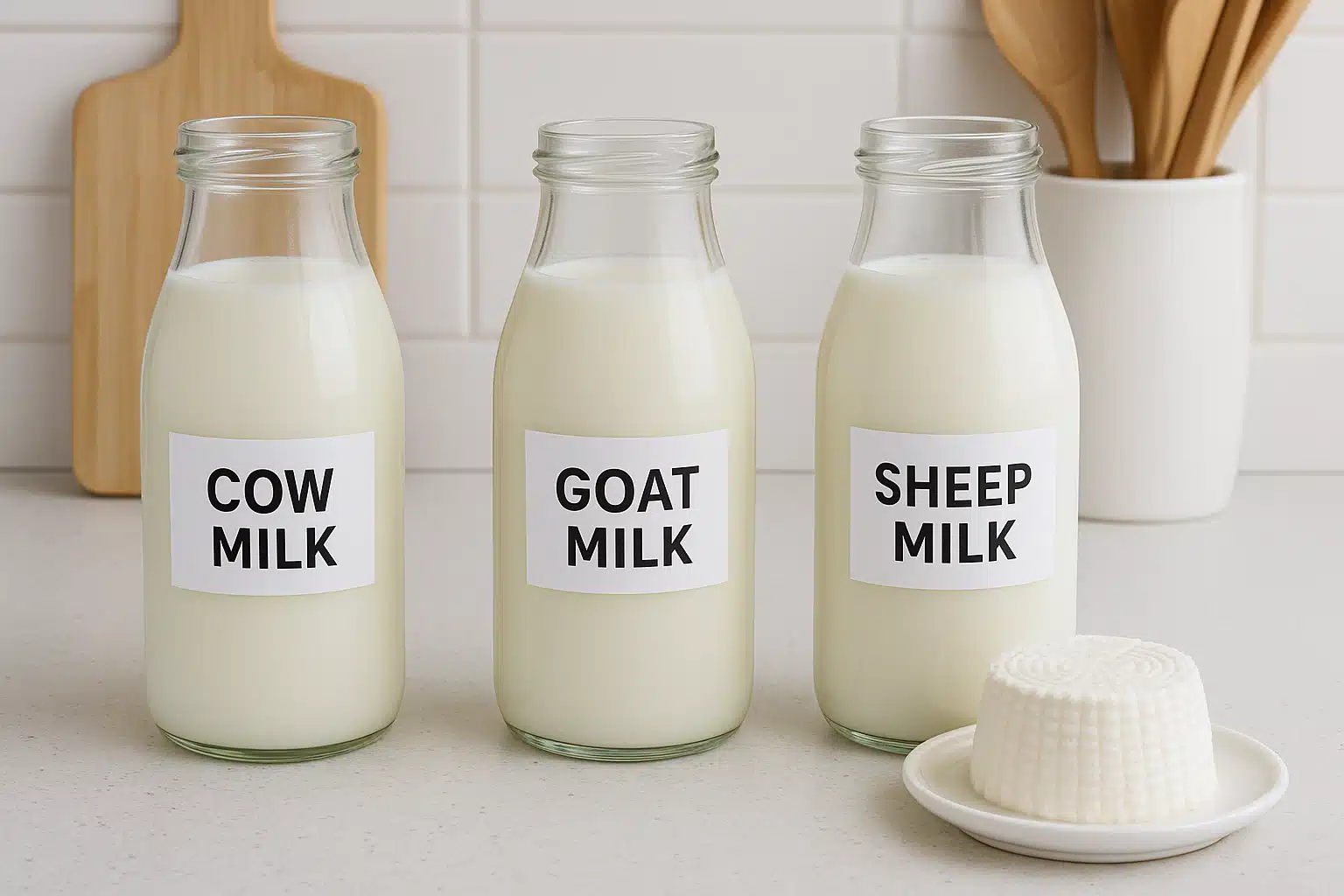 Three different types of fresh milk in glass bottles - cow, goat, and sheep milk - arranged on kitchen counter with fresh ricotta cheese, educational comparison setup, clean bright lighting
