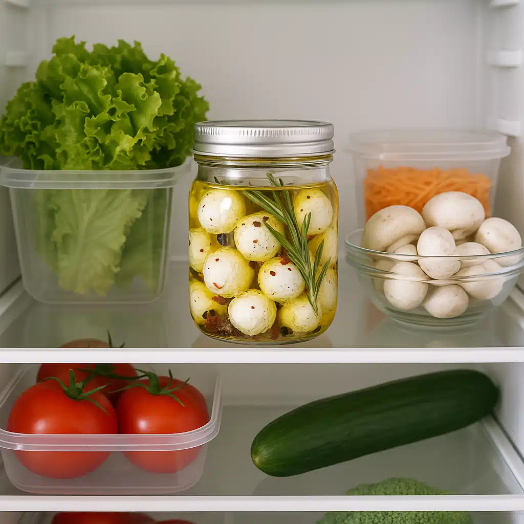 Refrigerator shelf with properly stored jar of marinated goat cheese balls among other fresh ingredients, organized food storage, clean and hygienic home kitchen setting