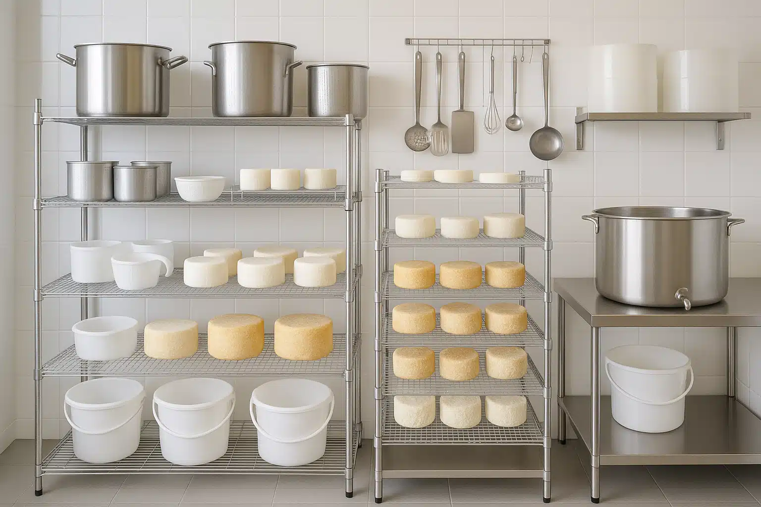 Organized cheesemaking workspace showing clean equipment properly stored on shelves and drying racks, well-lit commercial or home production facility, everything in its place