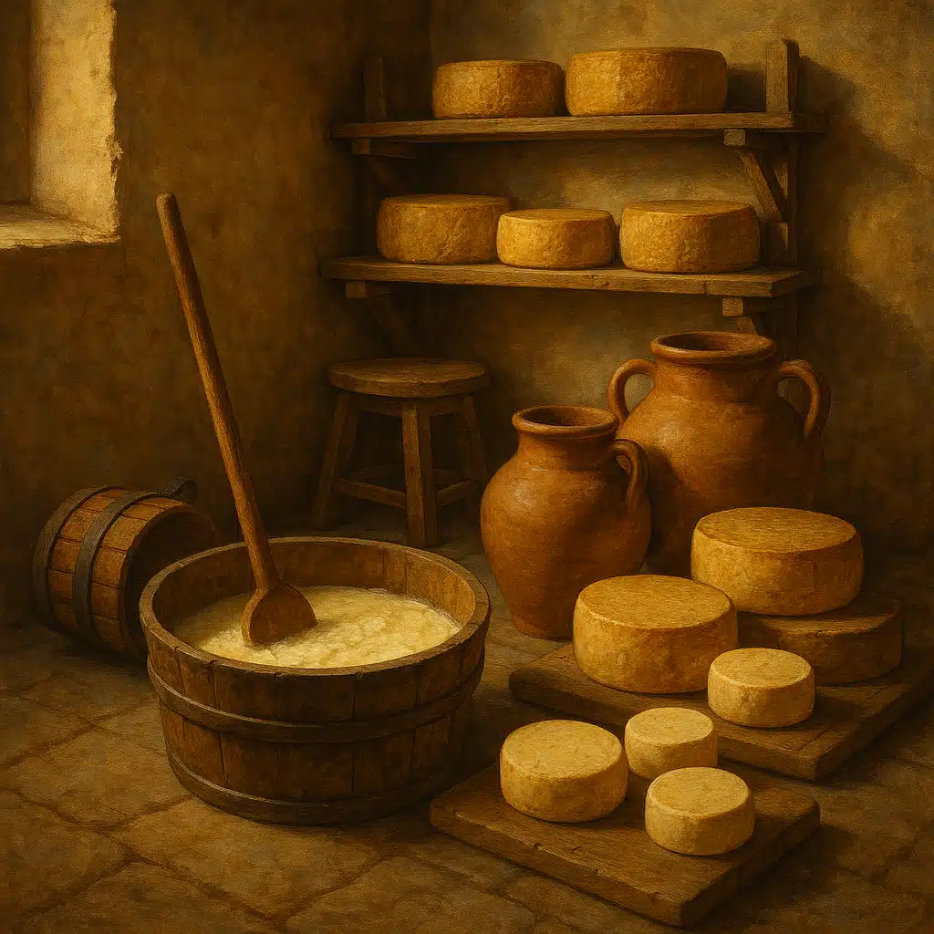 Traditional pastoral cheese-making scene with wooden tools, clay pots, and aging cheese wheels in rustic Mediterranean-style setting, historical atmosphere, warm golden lighting