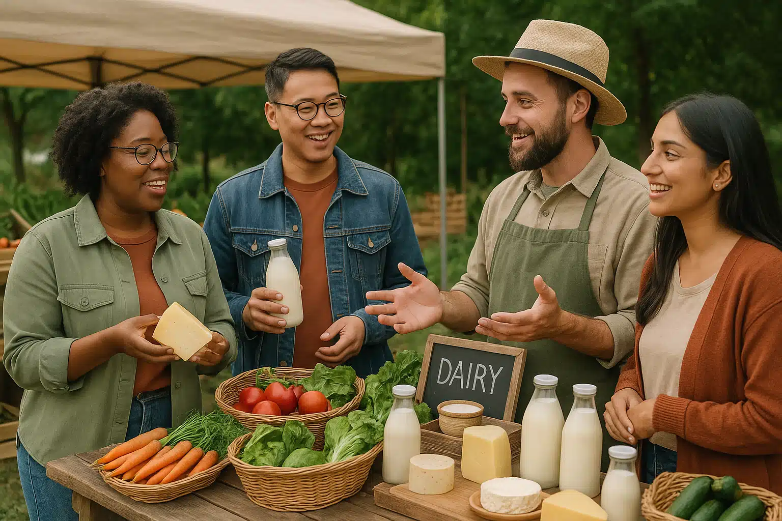 Diverse group of people at farmer's market examining dairy products, engaged conversation with small-scale farmer, fresh produce and dairy products displayed, community-focused agricultural setting