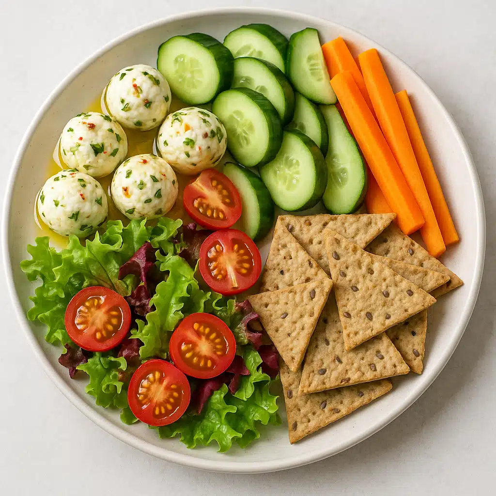 Nutritious appetizer plate with marinated goat cheese balls, fresh vegetables, whole grain crackers, and colorful salad, balanced and healthy food presentation, bright natural photography