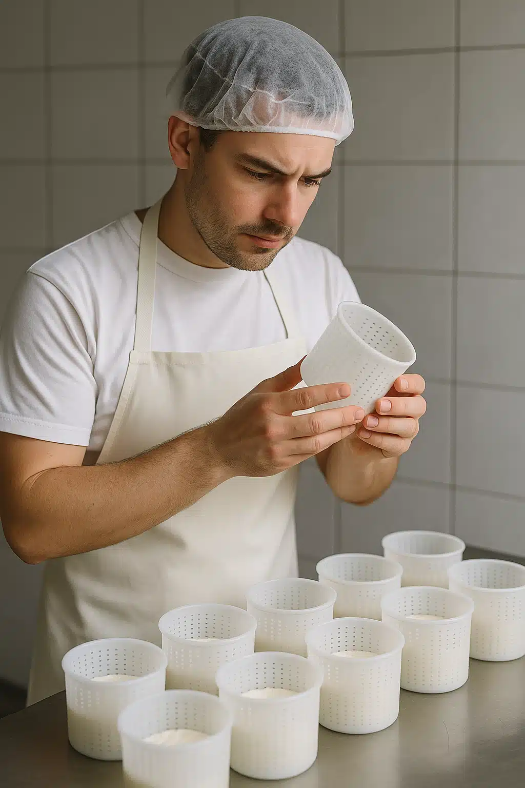 Person in clean apron examining cheese molds for cleanliness, good lighting showing attention to detail, professional food production standards, focus on quality control