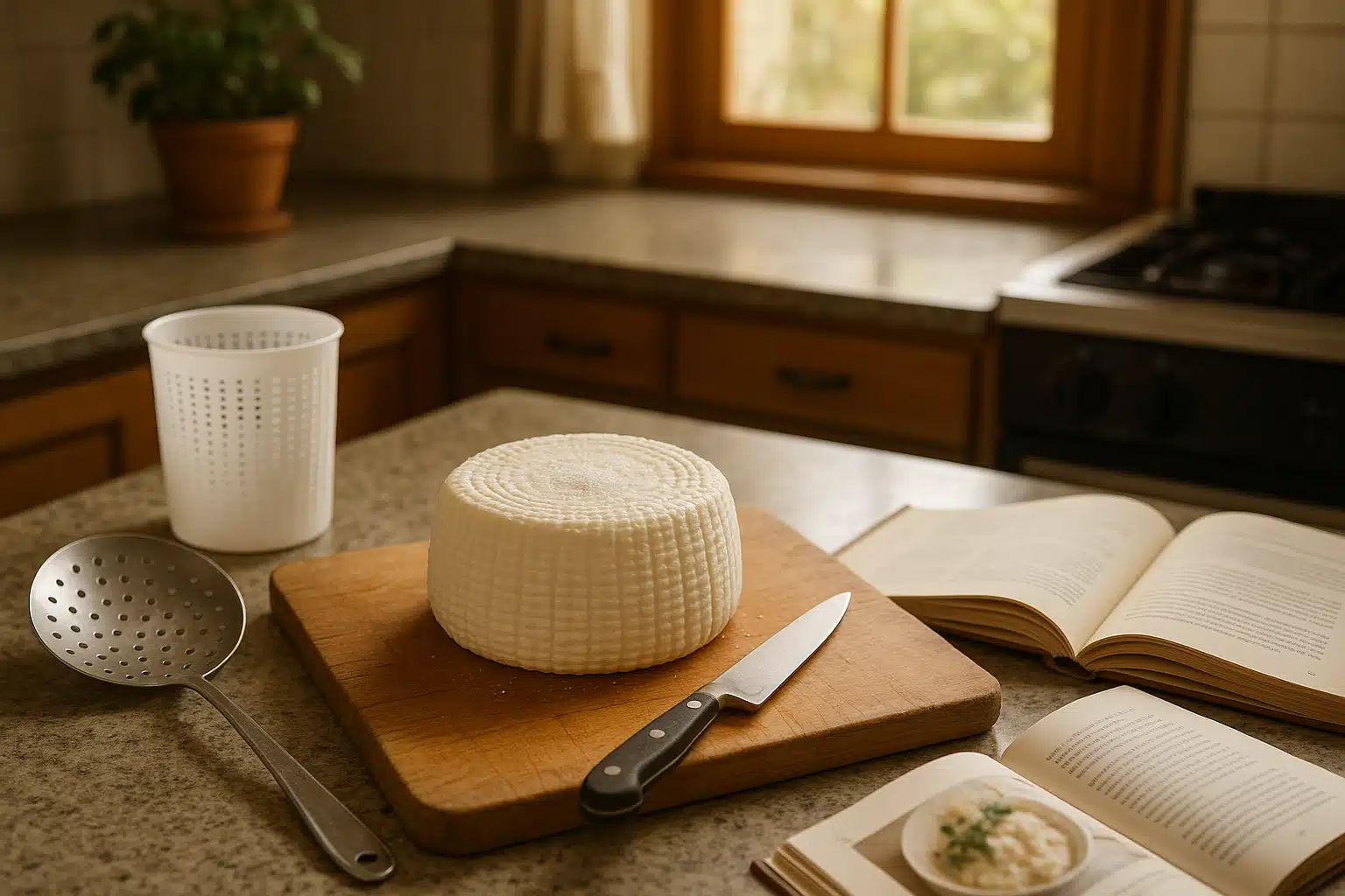Home kitchen scene with freshly made ricotta salata wheel on cutting board, cheese-making tools nearby, cookbook open to recipe page, inviting and achievable home cooking atmosphere, warm natural window light