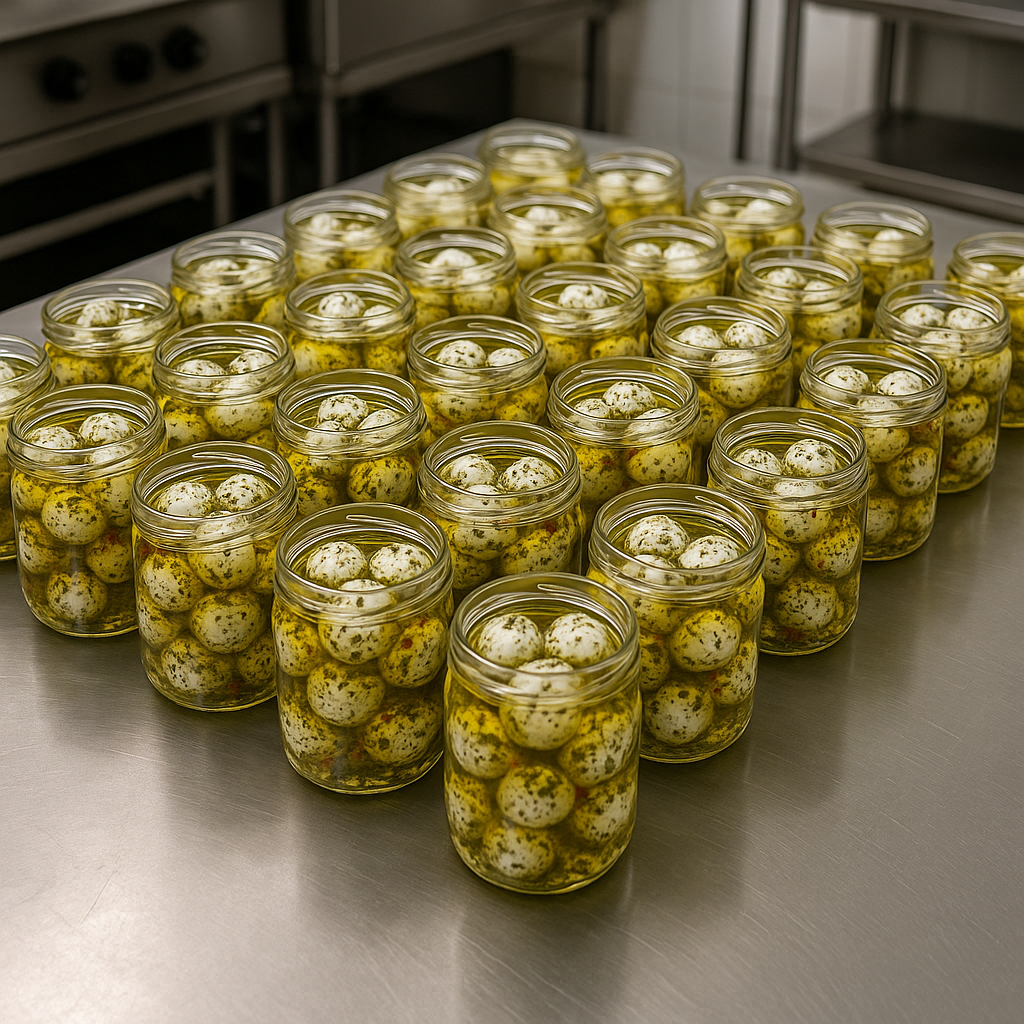 Multiple jars of marinated goat cheese balls arranged in organized rows on a commercial kitchen counter, small batch food production setup, professional and efficient workspace