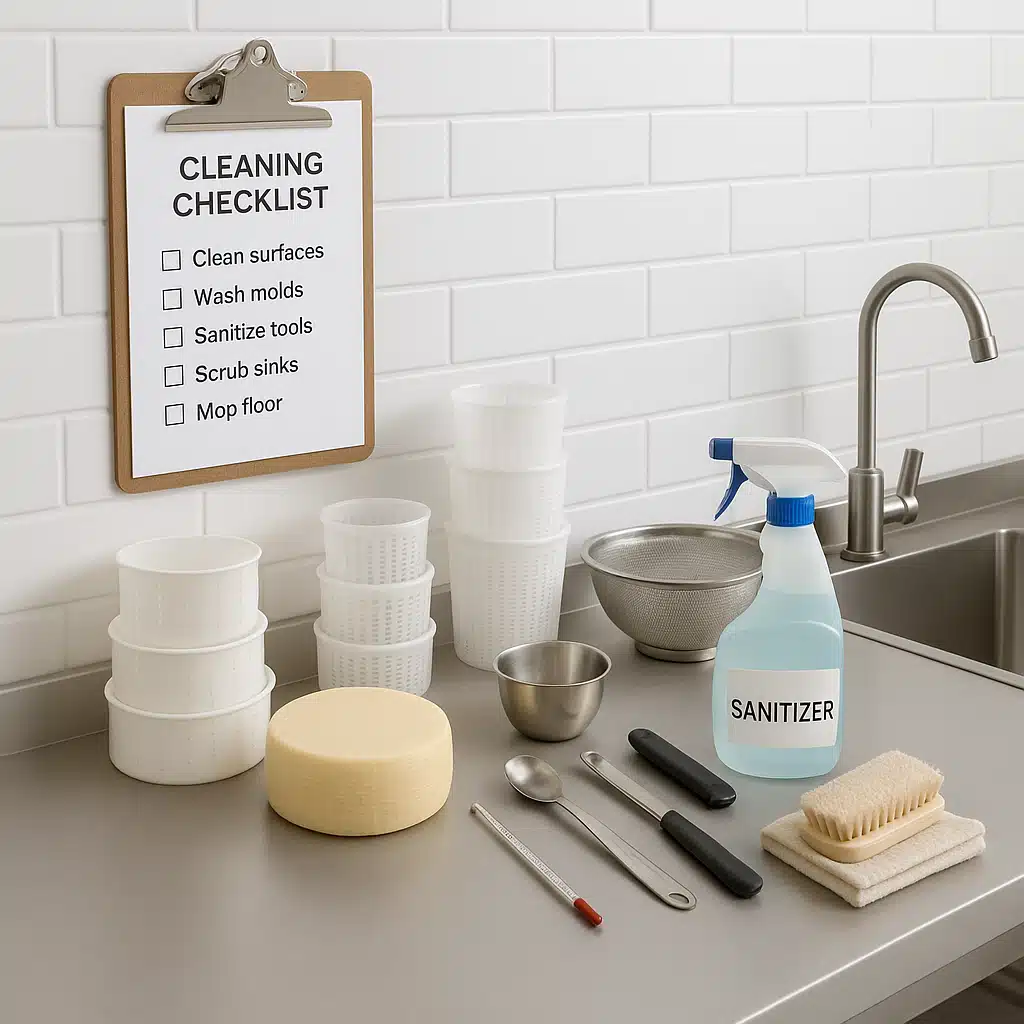 Neat cheesemaking workspace with cleaning checklist on clipboard, organized supplies and sanitizing equipment, everything ready for efficient post-production cleaning, professional home dairy setup