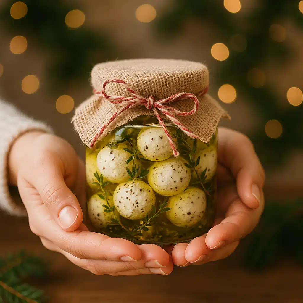 Hands presenting a beautifully wrapped jar of marinated goat cheese balls as a gift, warm and welcoming scene, focus on the gesture of giving, soft natural lighting with festive subtle background