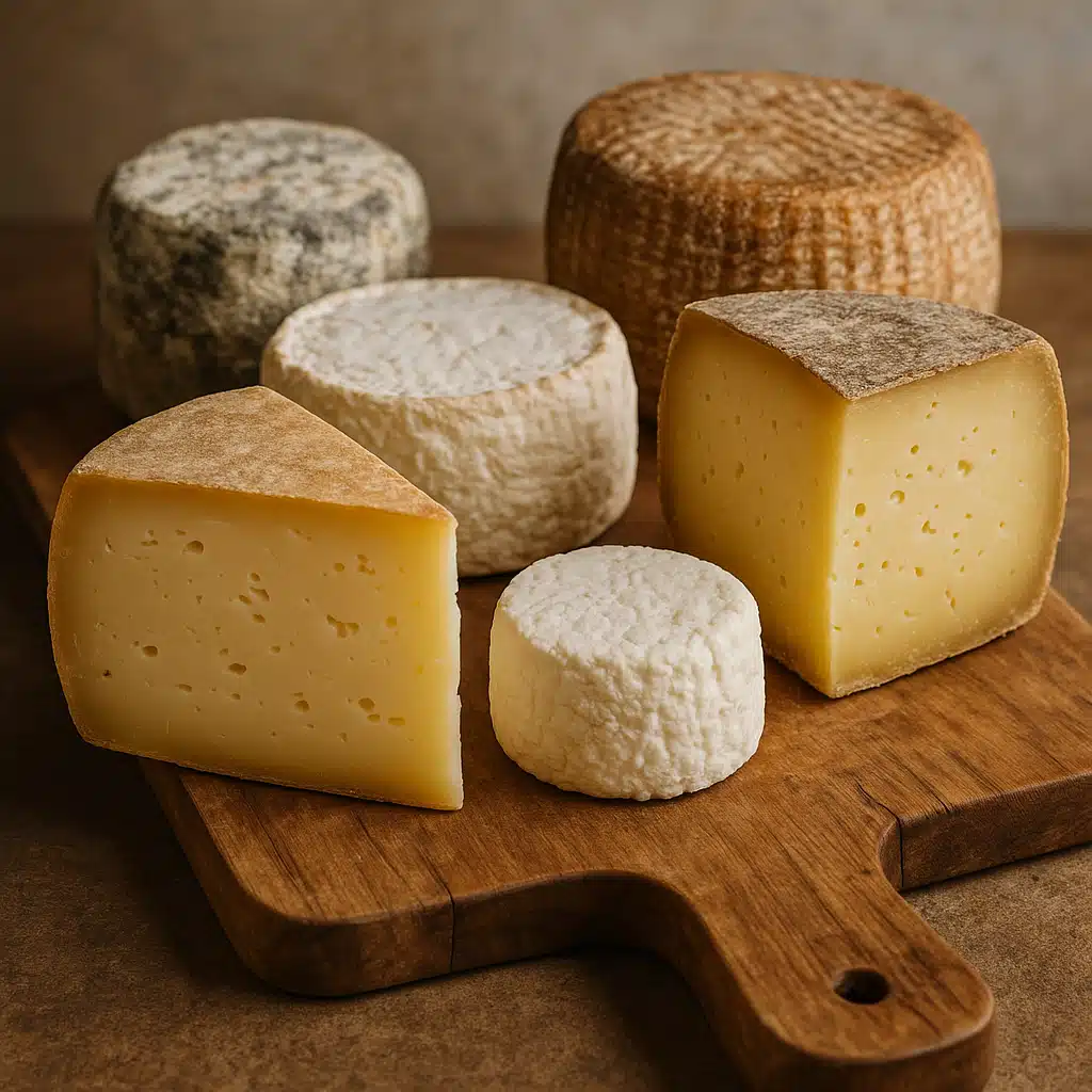 Beautiful assortment of homemade artisan cheeses on a wooden board, various textures and aging stages, representing the successful results of proper cheesemaking hygiene practices, appetizing food photography