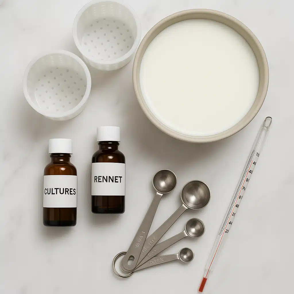 Flat lay composition of cheesemaking ingredients and equipment including bottles of cultures and rennet, measuring spoons, cylindrical cheese molds, thermometer, and bowl of fresh milk on marble surface