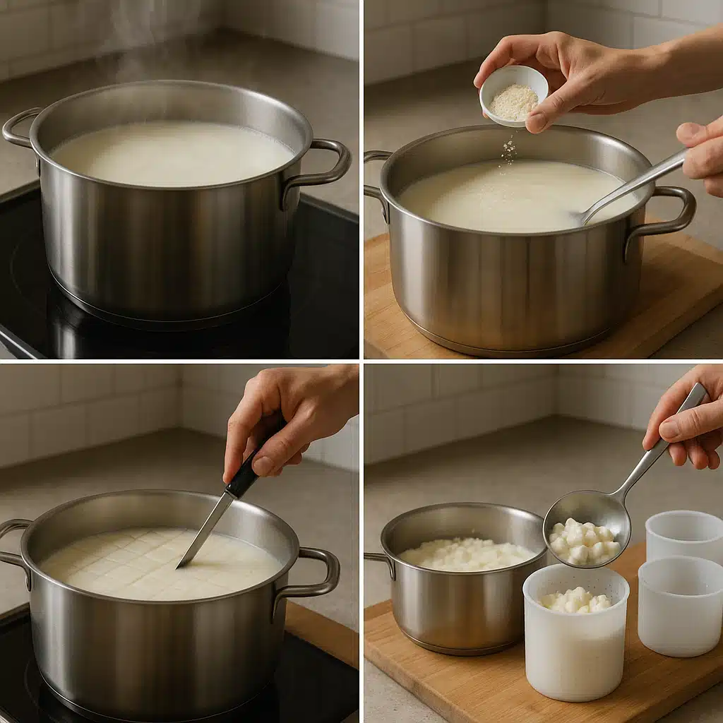 Step-by-step process images showing milk being heated, cultures being added, curd being cut into cubes, and being ladled into cylindrical cheese molds, documentary style food photography