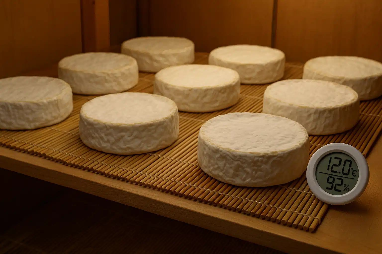 Camembert cheese wheels developing white mold rind in temperature-controlled aging environment, sitting on bamboo mats with hygrometer showing optimal humidity levels, soft ambient lighting
