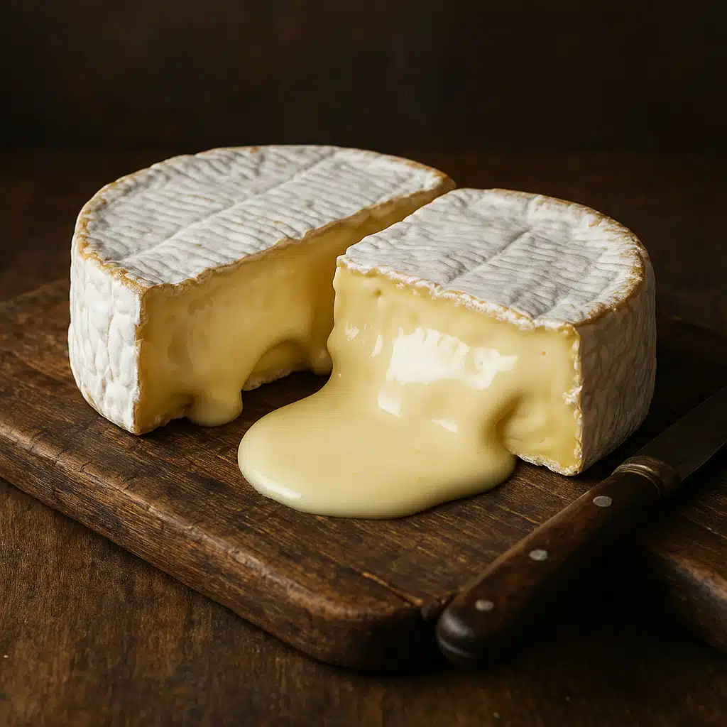 Perfectly ripened Camembert cheese cut in half revealing creamy, oozing interior with intact white rind, placed on rustic wooden serving board with knife, artistic food styling