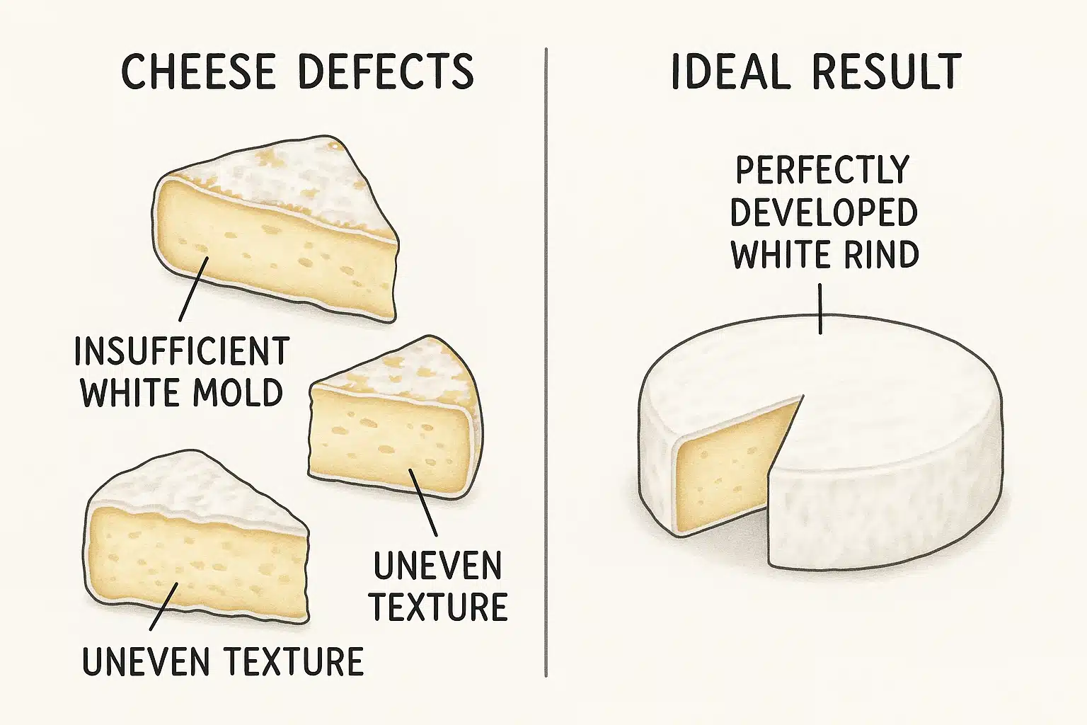 Side-by-side comparison showing common cheese defects and perfect results, including properly developed white rind versus insufficient mold development, educational diagram style