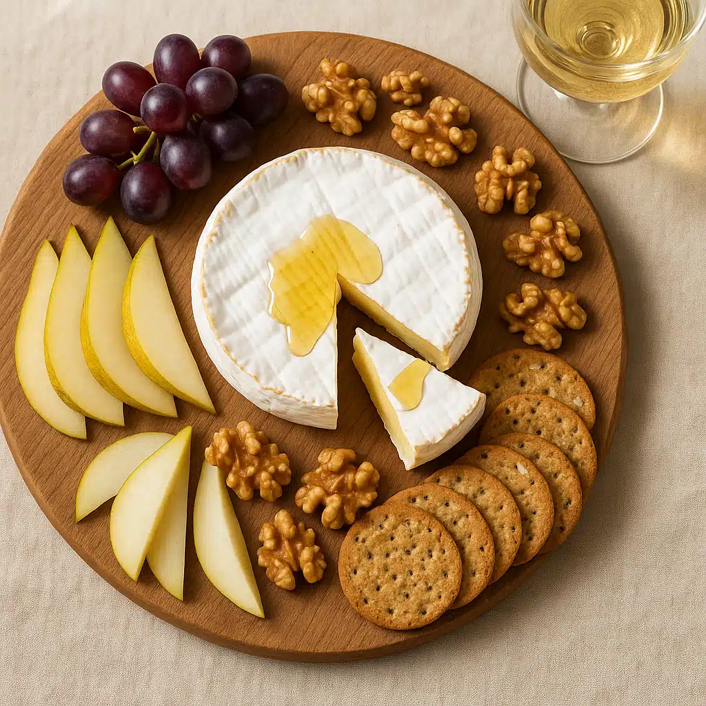Elegant cheese board presentation featuring Camembert wheel with one wedge cut, surrounded by fresh grapes, sliced pears, walnuts, honey drizzle, artisan crackers, and wine glass, overhead view with natural lighting