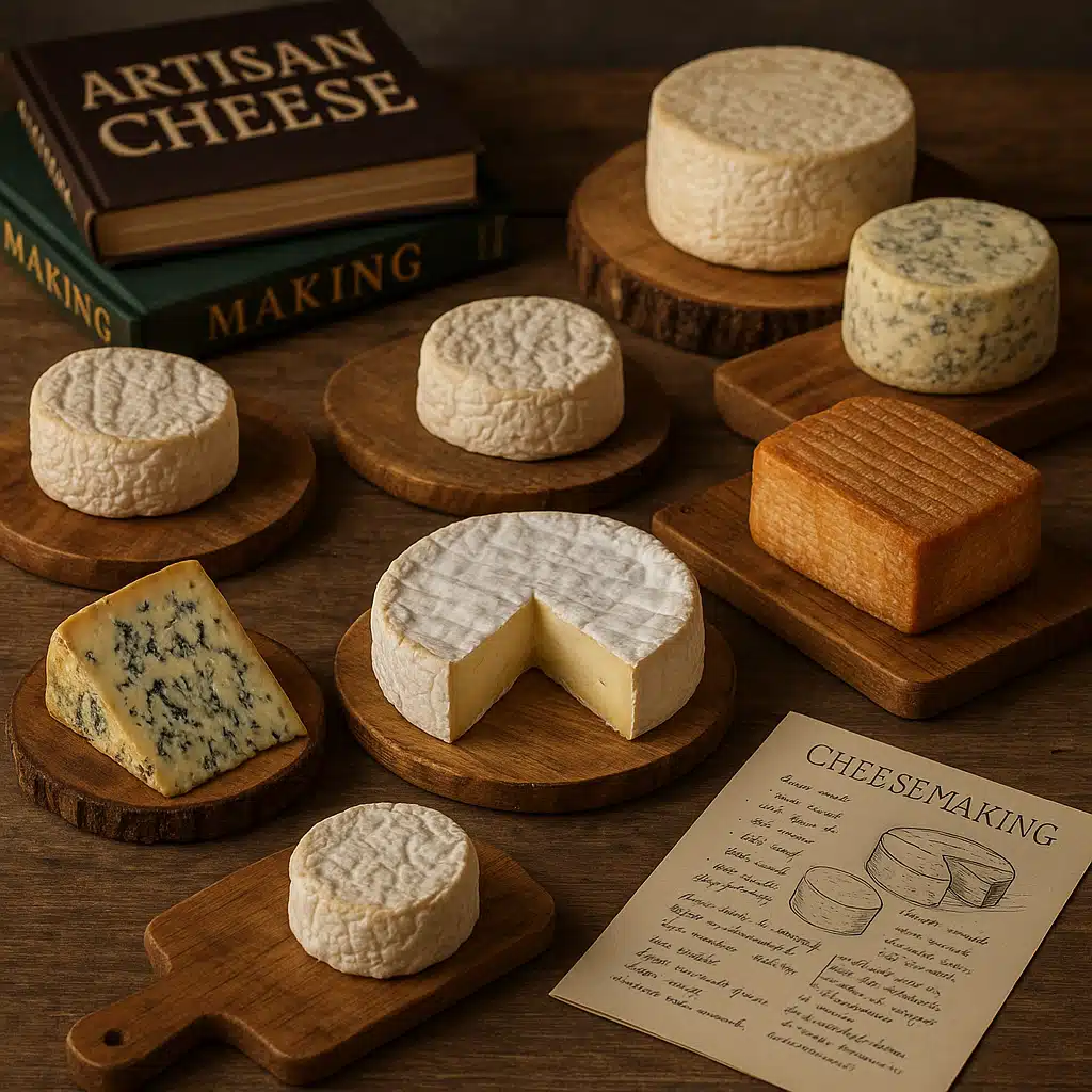 Collection of various homemade artisan cheeses including Camembert, Brie, and blue cheese varieties displayed on rustic table with cheesemaking books and notes, inspiring and educational composition